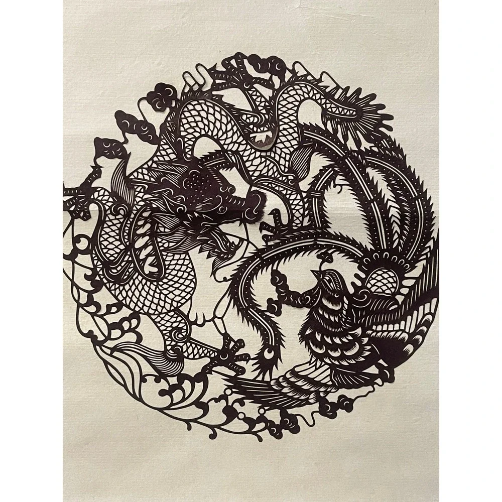 Vintage Chinese Wall Scroll Dragon and Phoenix Paper Cut Art Silk Fabric Decor